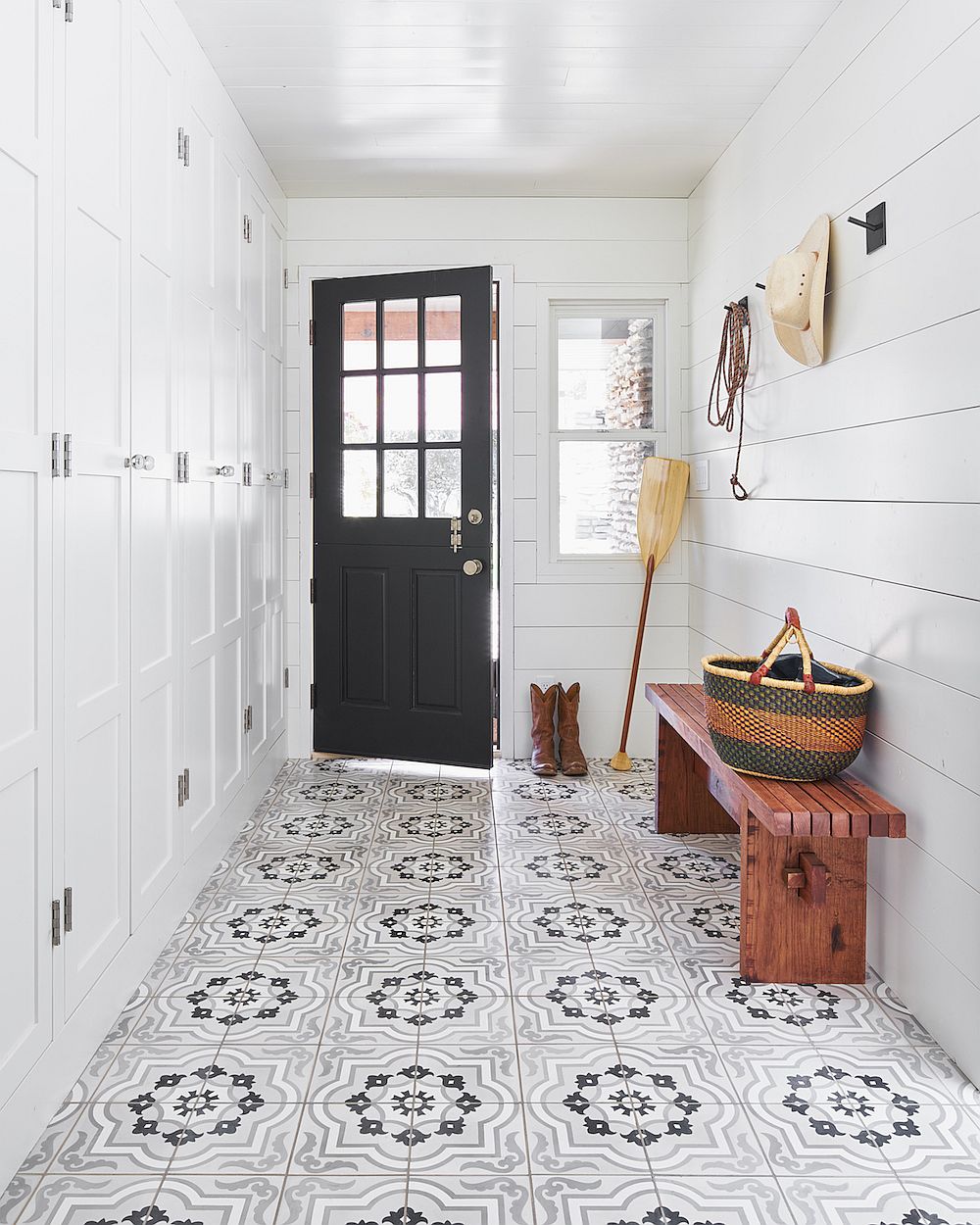 Patterned encaustic tile for the modern entry in white