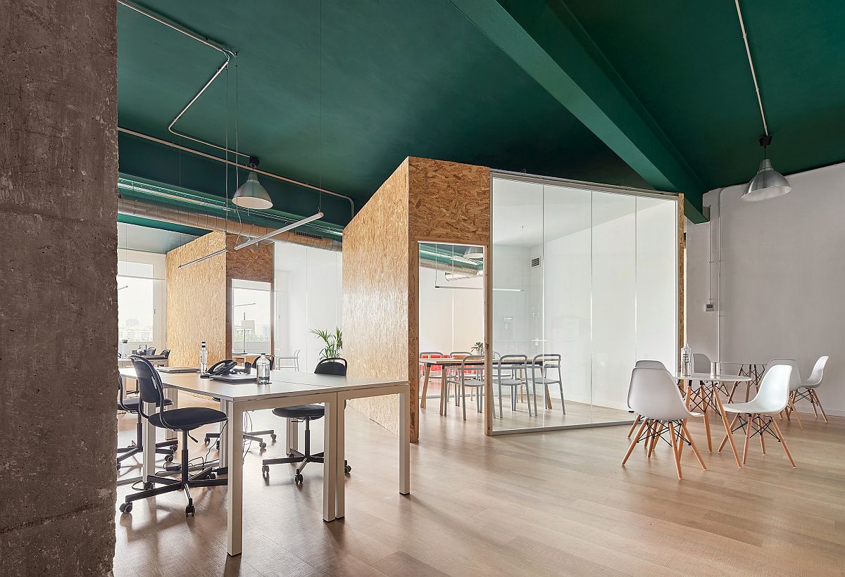 Revamped Office interior of sustainable water company inside industrial building in Barcelona