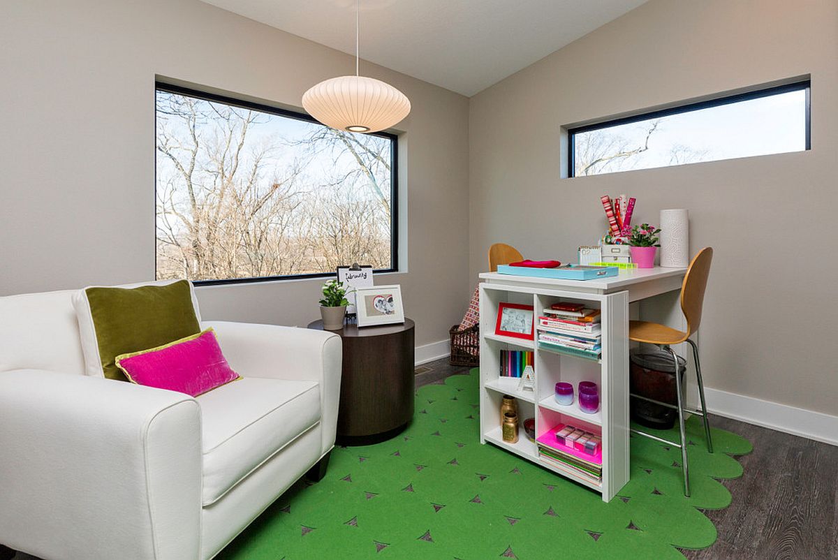 Rug brings a hin of color to this small home office for two