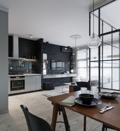 Tiny 45 Sqm Apartment in Kiev with Glass-Walled Bedroom and Dark Brick ...