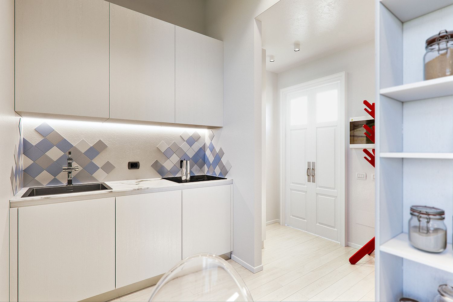 Small, monochromatic kitchen in white with an interesting backsplash that has blue and gray