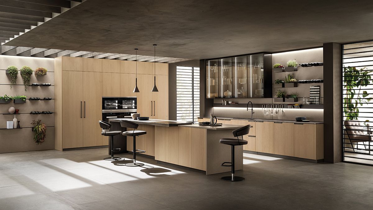 Sophisticated contemporary kitchen with sleek shelves, glass-door cabinets and smart breakfast bar