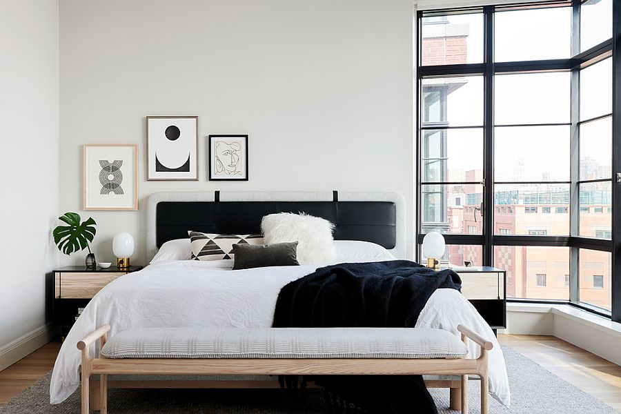 Sopisticated bedroom inside apartment on Charles Street combines Scandinavian style with NYC charm