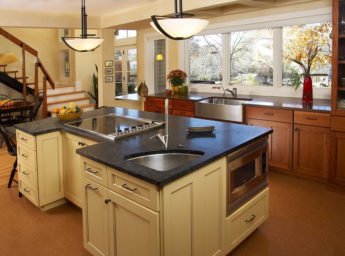 Spacious kitchen of modern home with cork floor and an inventive island