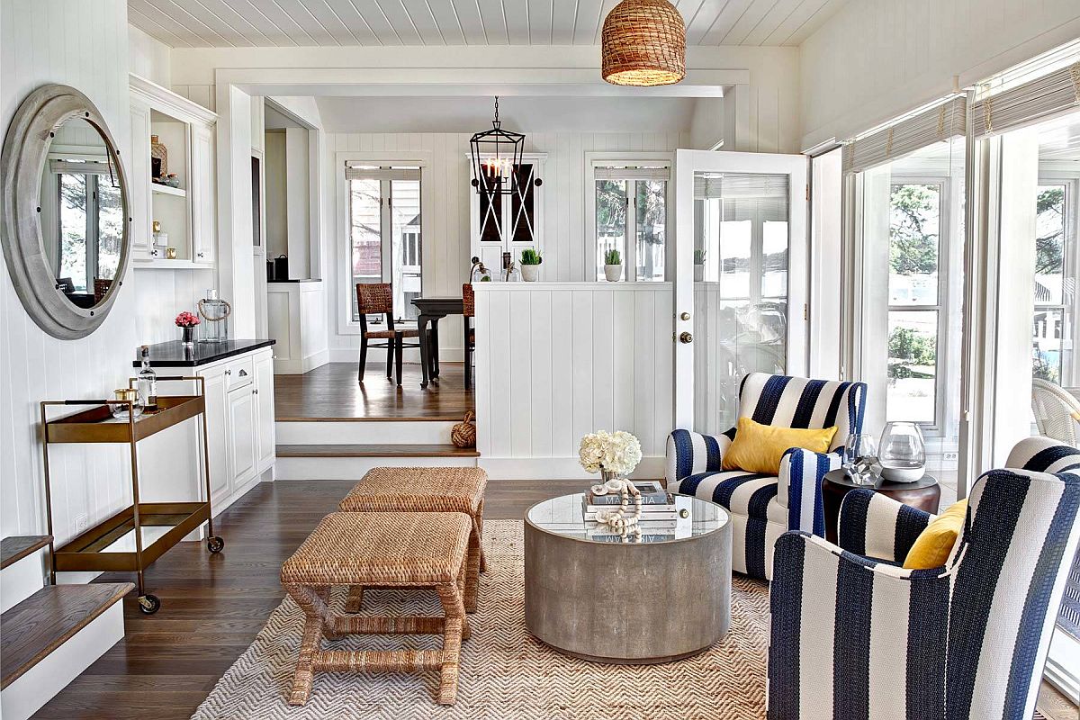 Light Blue Pinstripe Accent Chairs with White Accent Table - Cottage -  Living Room