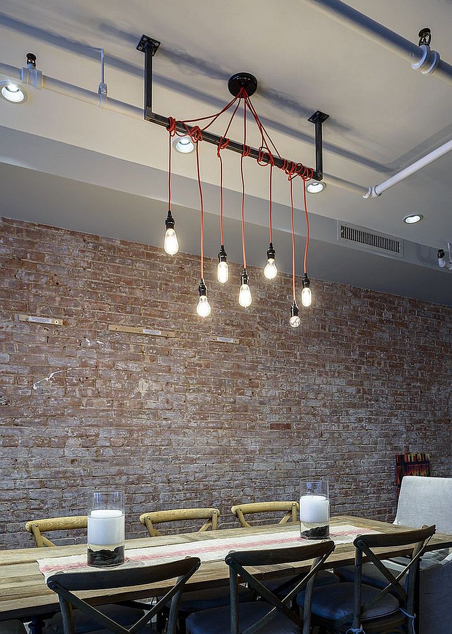 Whitewashed brick walls age elegantly and create multiple dynamics in the dining room