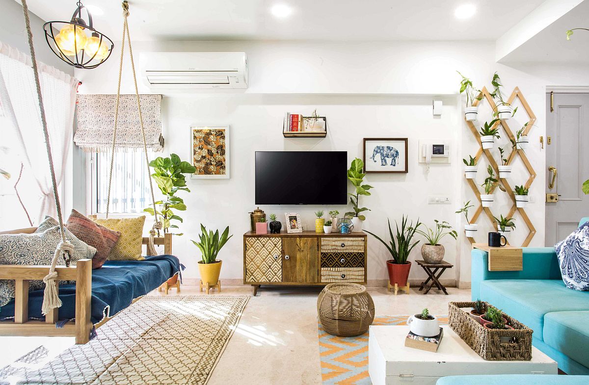 Add something different and fun to the eclectic living room with a swing
