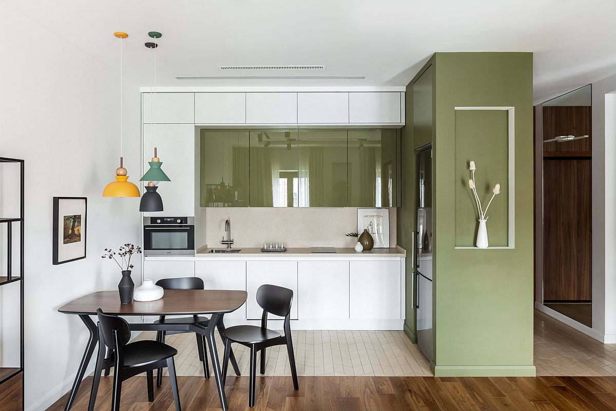 Apartment kitchen in Moscow with a white and green color scheme