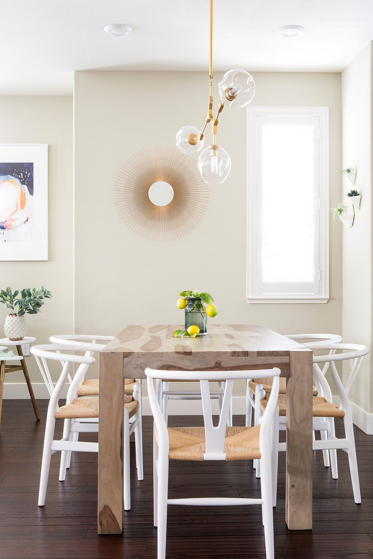 Beautiful beach style dining area with beige walls and cheerful presence