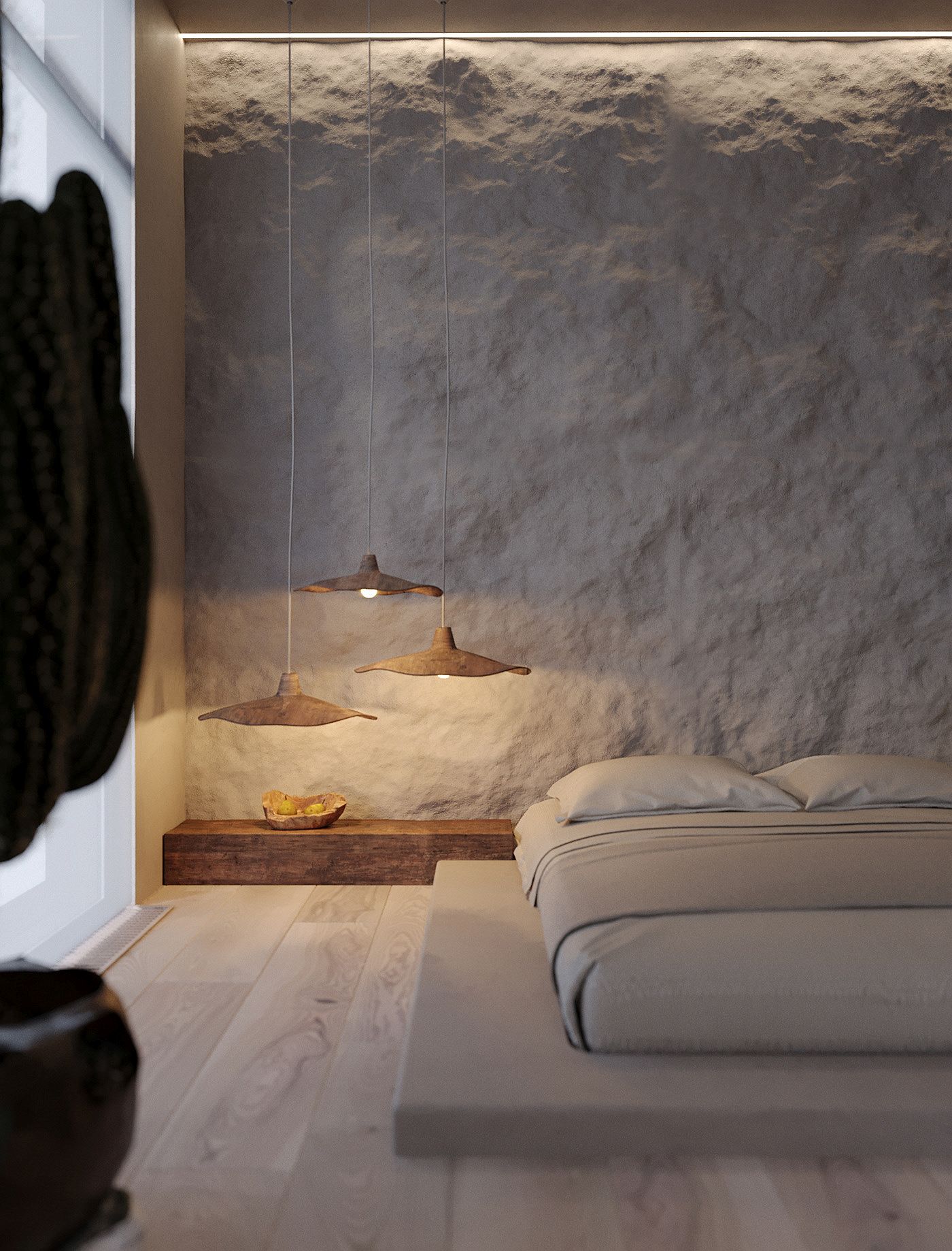 Beautifully textured clay walls of the bedroom accenuate the Wabi Sabi design philosophy of the bedroom