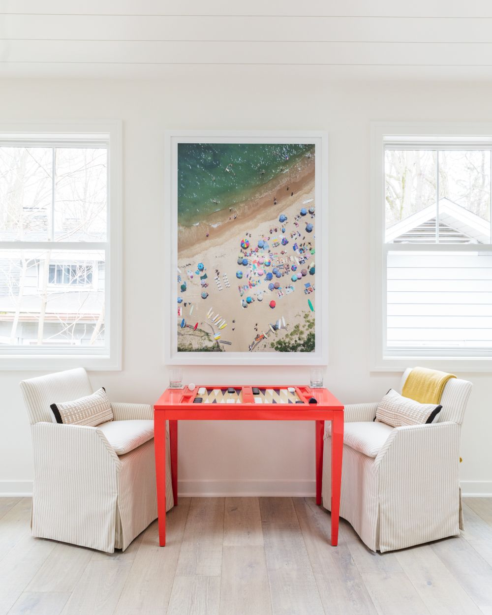 Bright red backgammon table and Gray Malin photohraphy