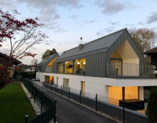 Gabled Roof and Exterior in Gray Give the Two-in-One House an Exceptional Façade