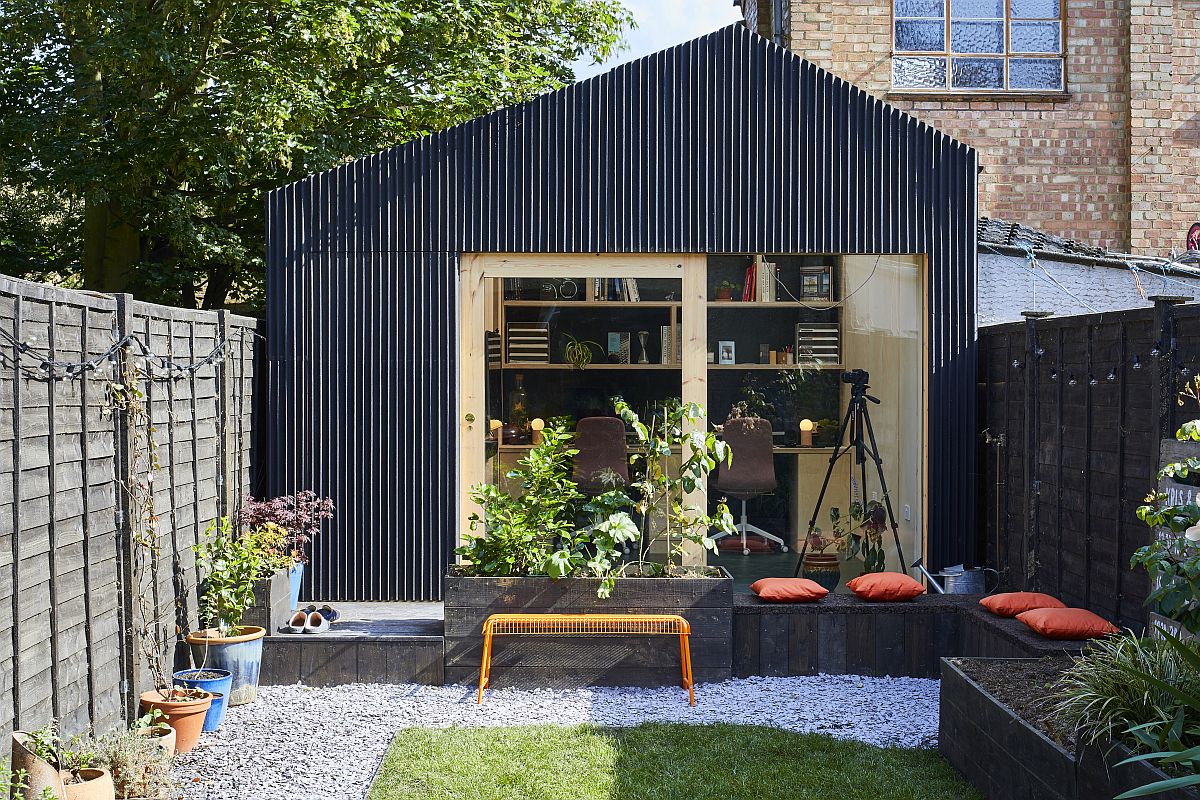 Cork seating area outside the backyard office space turns it into a great social hangout when needed