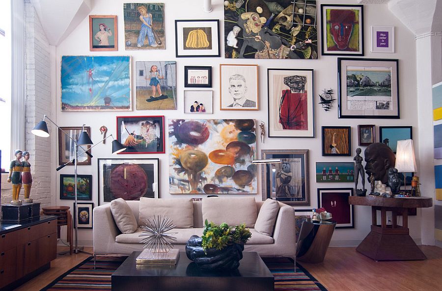Decorate the white eclectic living room with the perfect accent gallery wall
