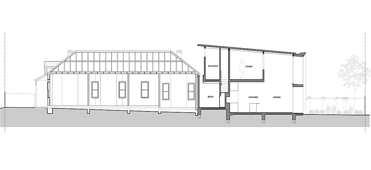 Design plan and sectional view of the Brick Aperture House in Sydney