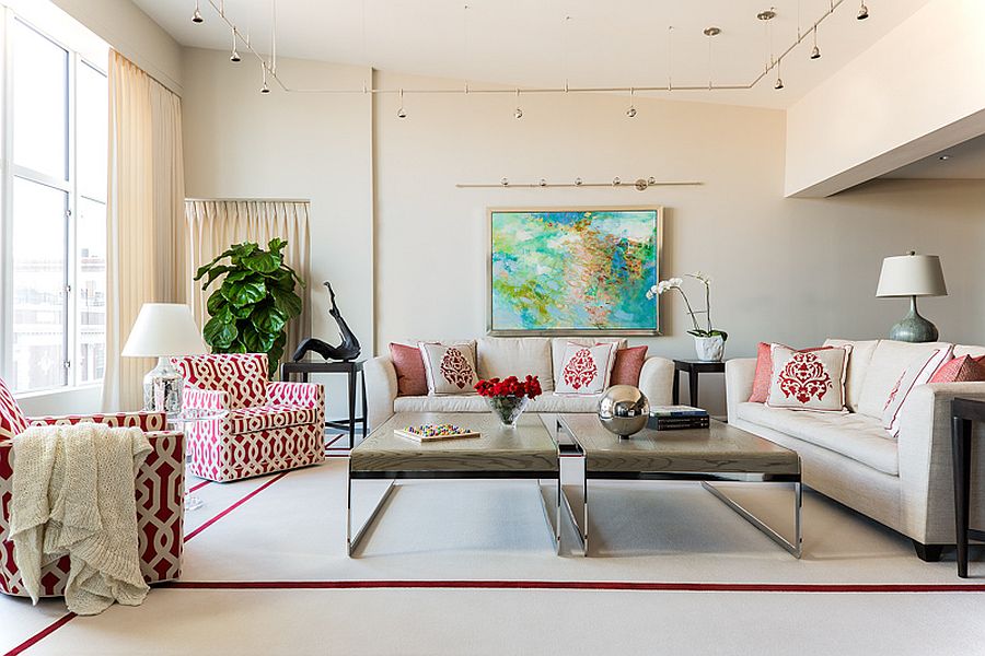 Fabulous living room of the house in neutral hues with red accents all around that make quite a visual impact
