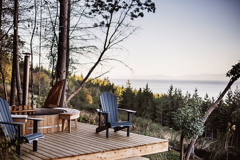 Fabulous view of the sea and the distant landcsape from the lovely deck of the Cabin on Galiano Island