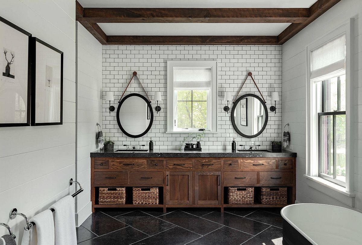 White Bathroom Slate Floor Green Vanity