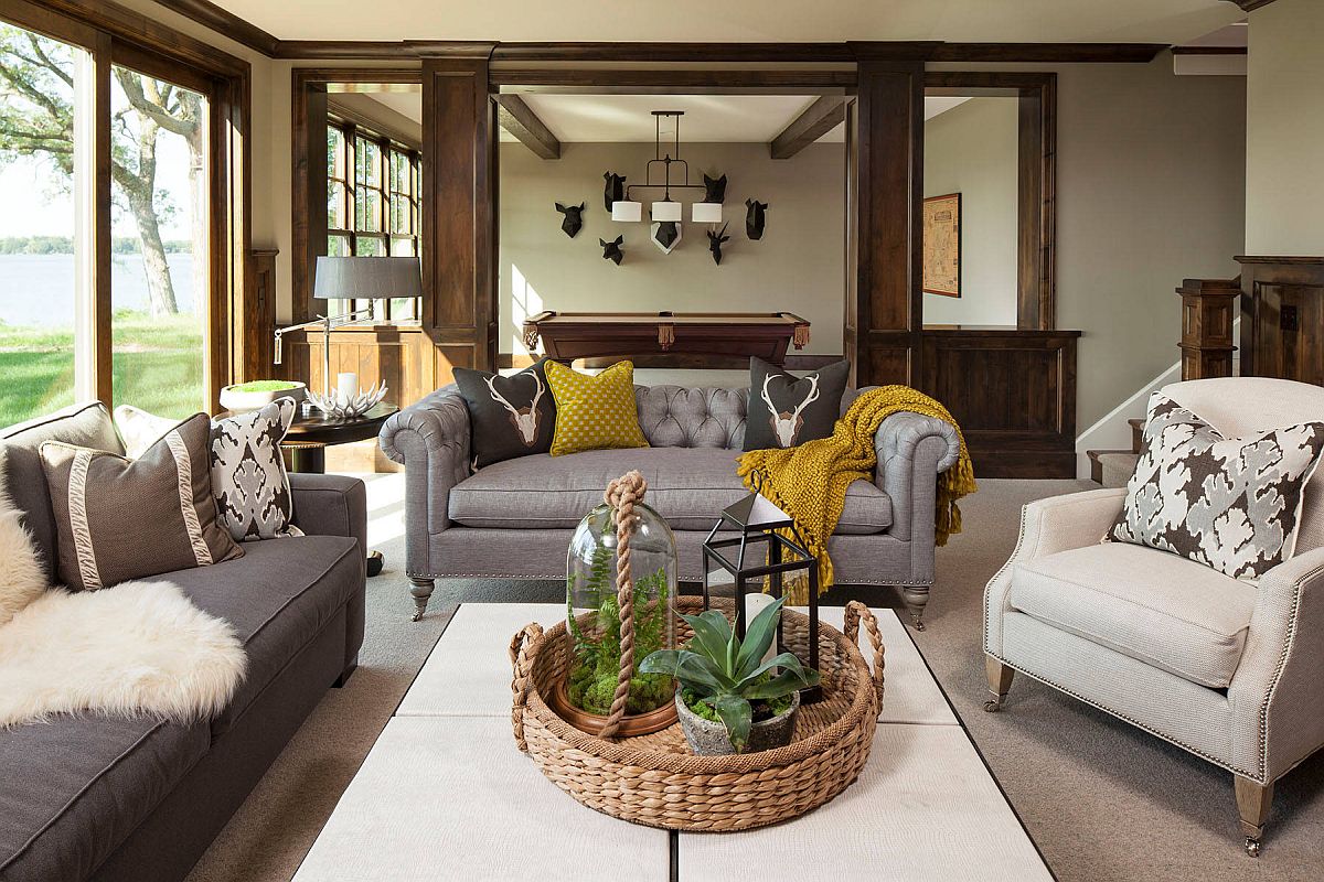 Gorgeous rustic dining room and living area where the beige walls go almost unnoticed