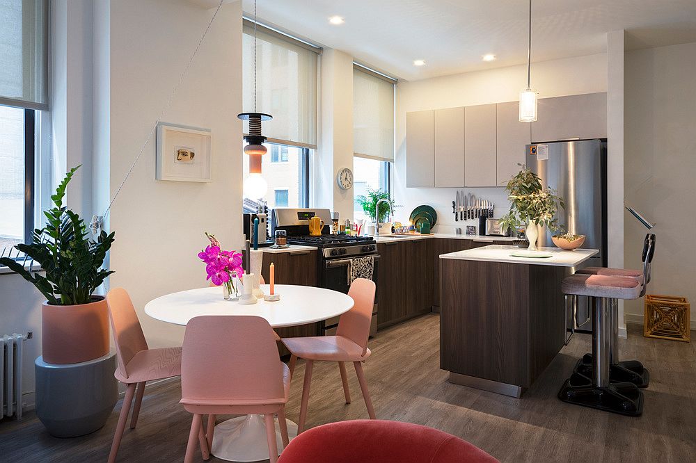 Light pastel pink chairs for the small dining area in the NYC apartment