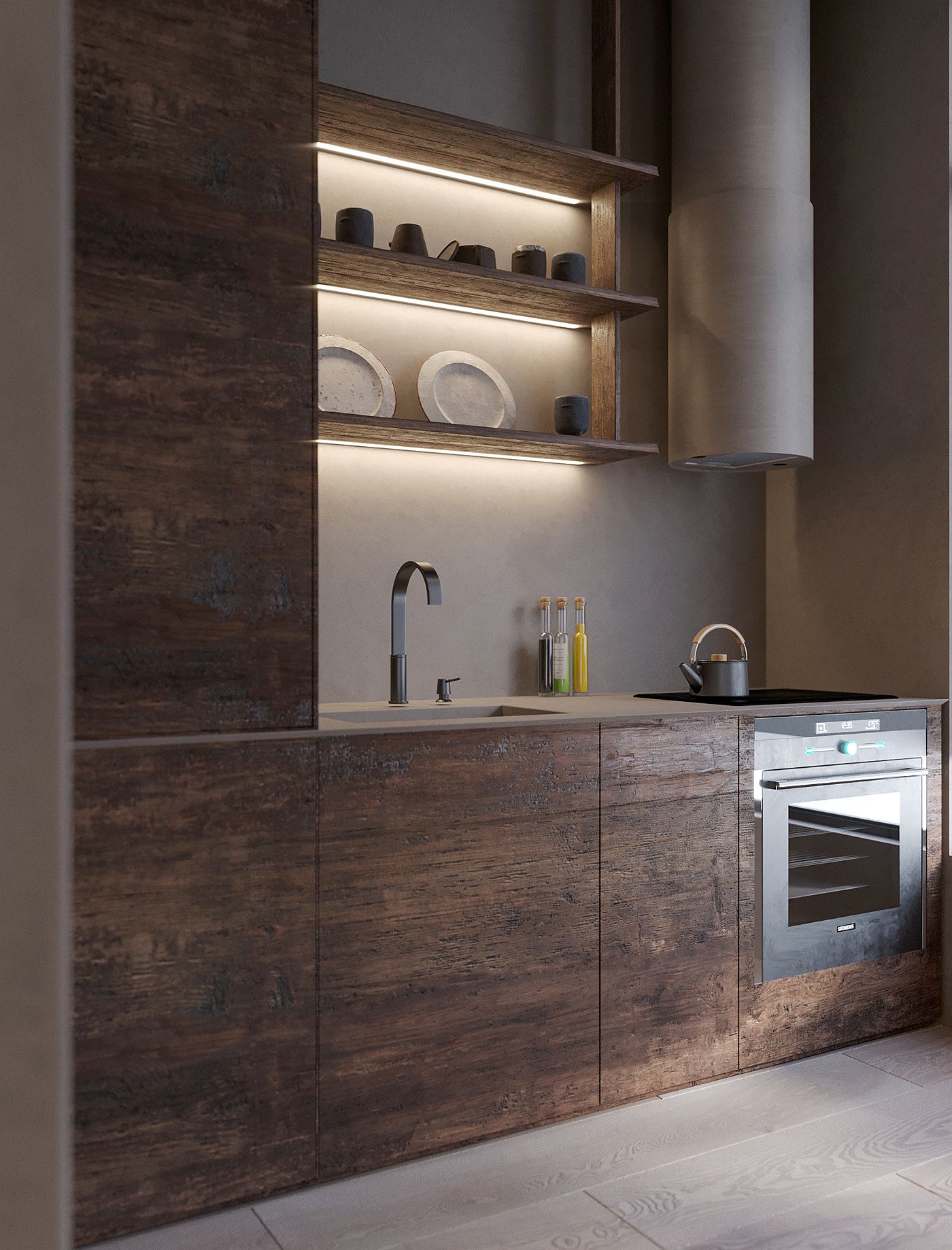 Matte finish of the kitchen wooden cabinets along with lighting give it a cozy appeal