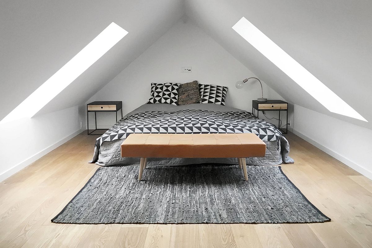 Modern industrial attic bedroom with ample natural light and beautiful wooden floor