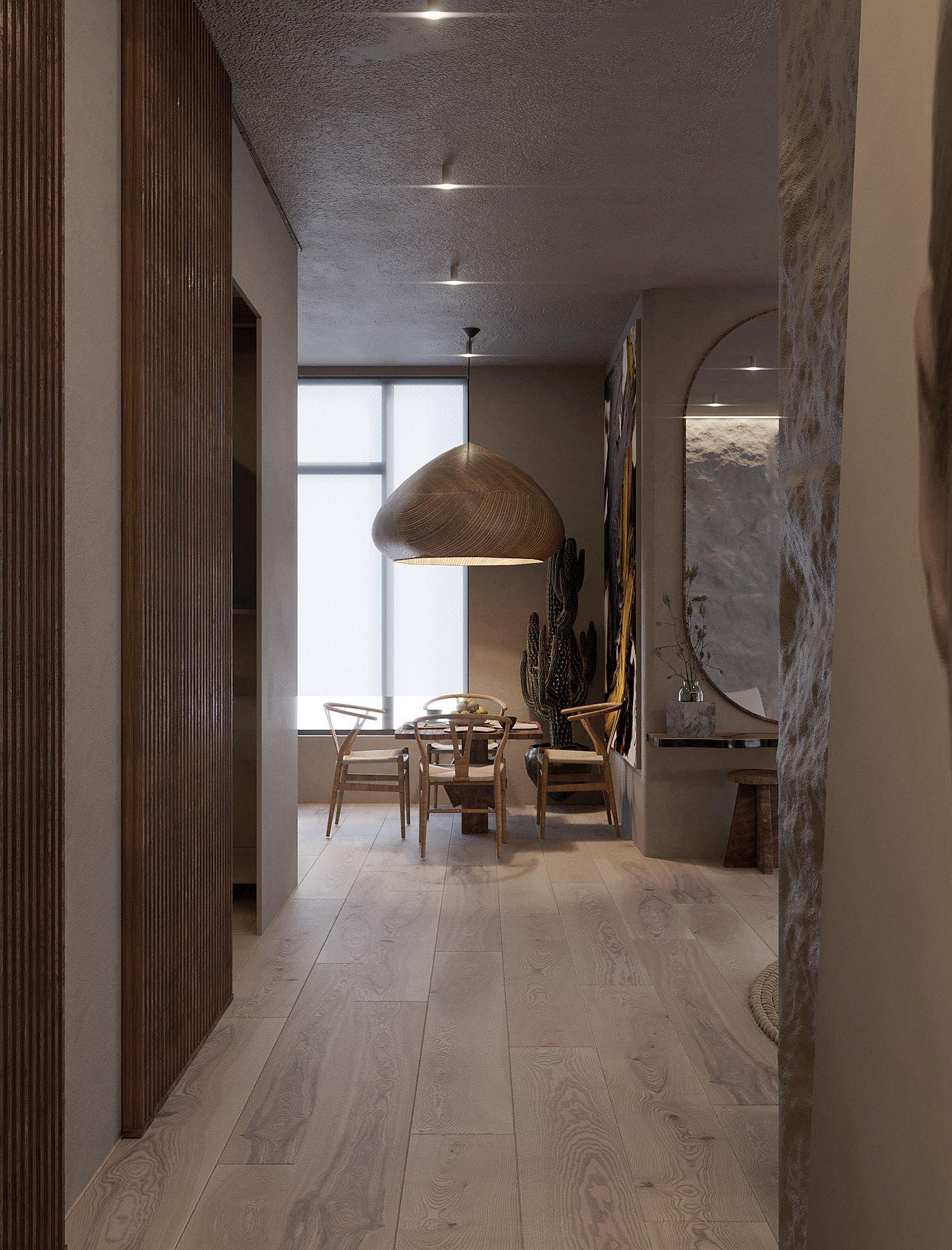 Pendants, flooring and walls sections bring woodsy charm to the interior