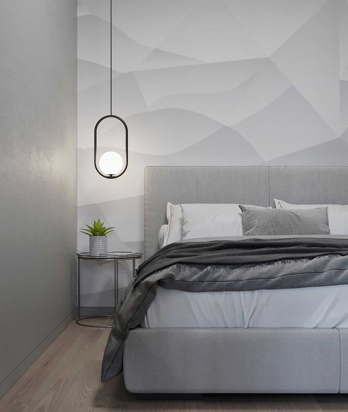 Polished bedroom in gray with contemporary industrial style that is urbane