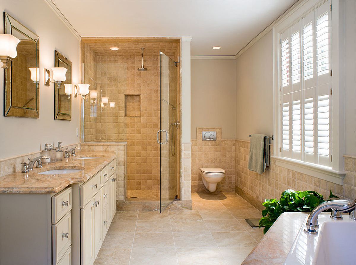 Stone floor in the bathroom brings a bit of beige to it