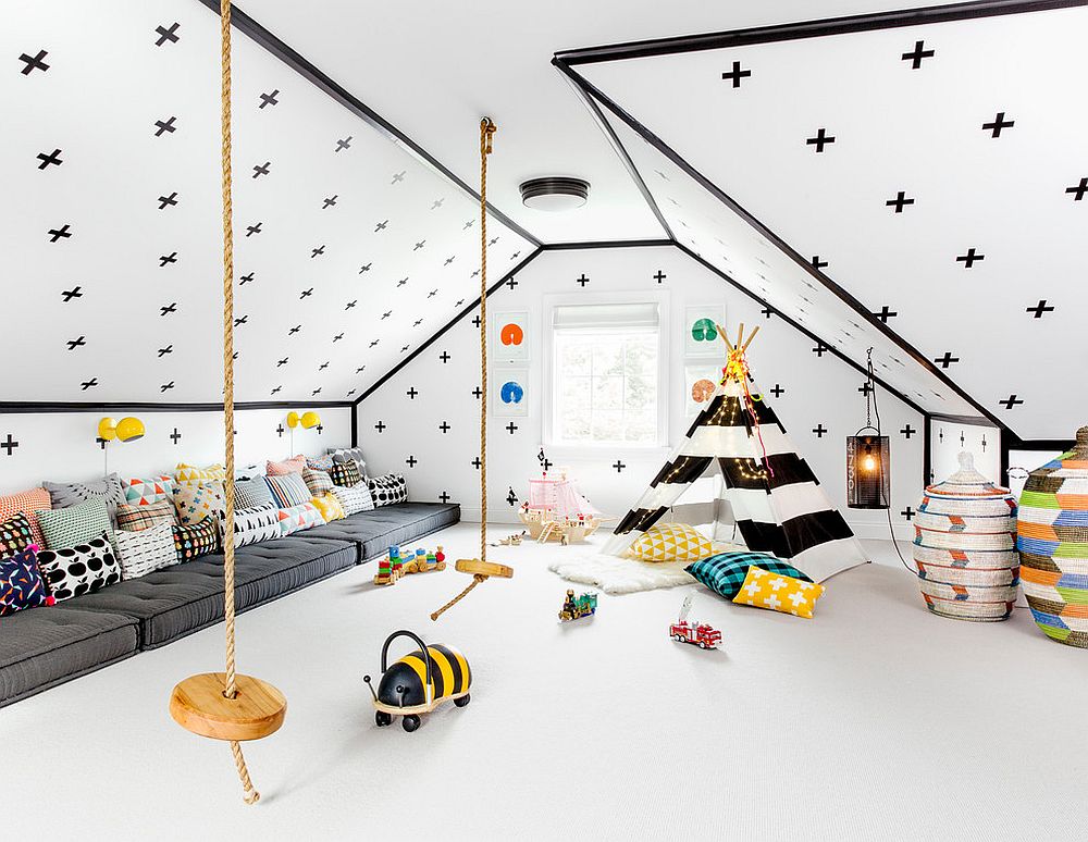 Stunning attic playroom in black and white leaves you awestruck!