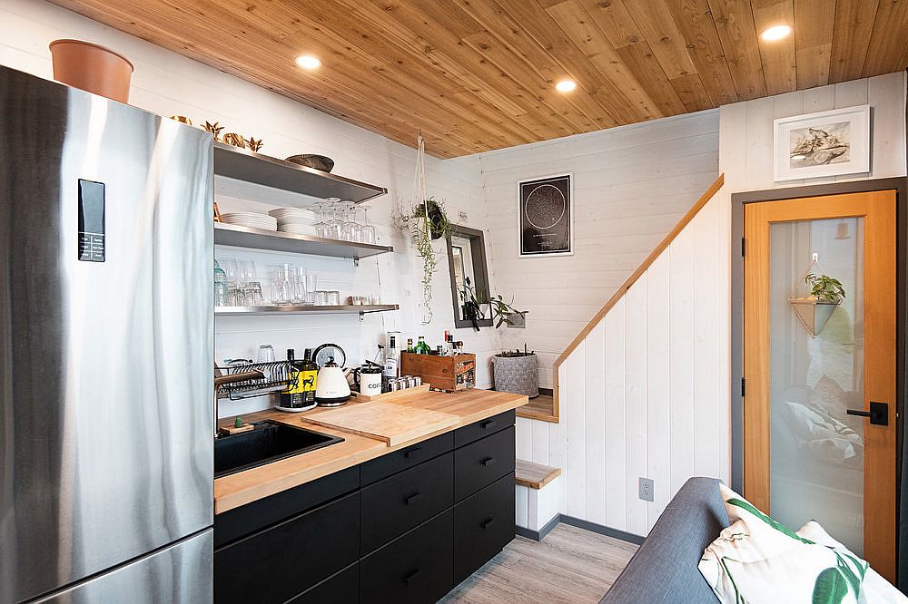 Tiny kitchen and living area of the small home on Galiano Island