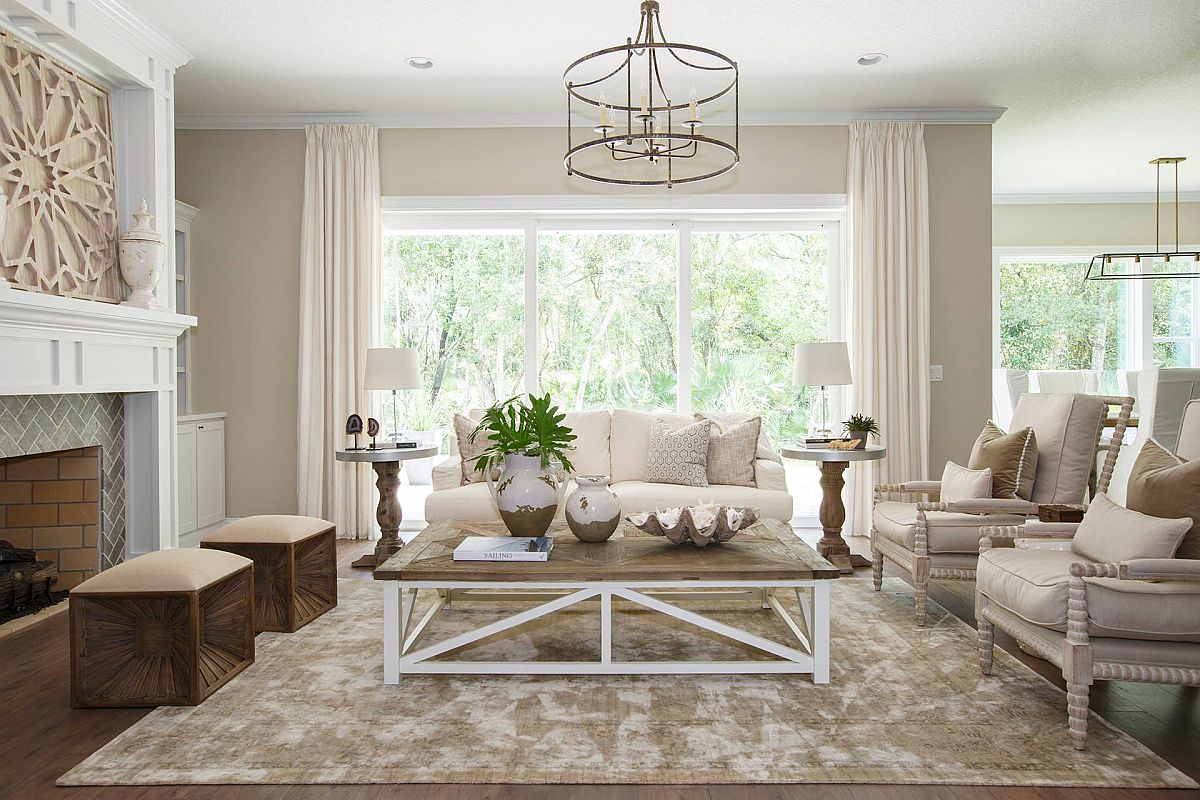 Tone-on-tone approach to decorating with beige in the spacious living room