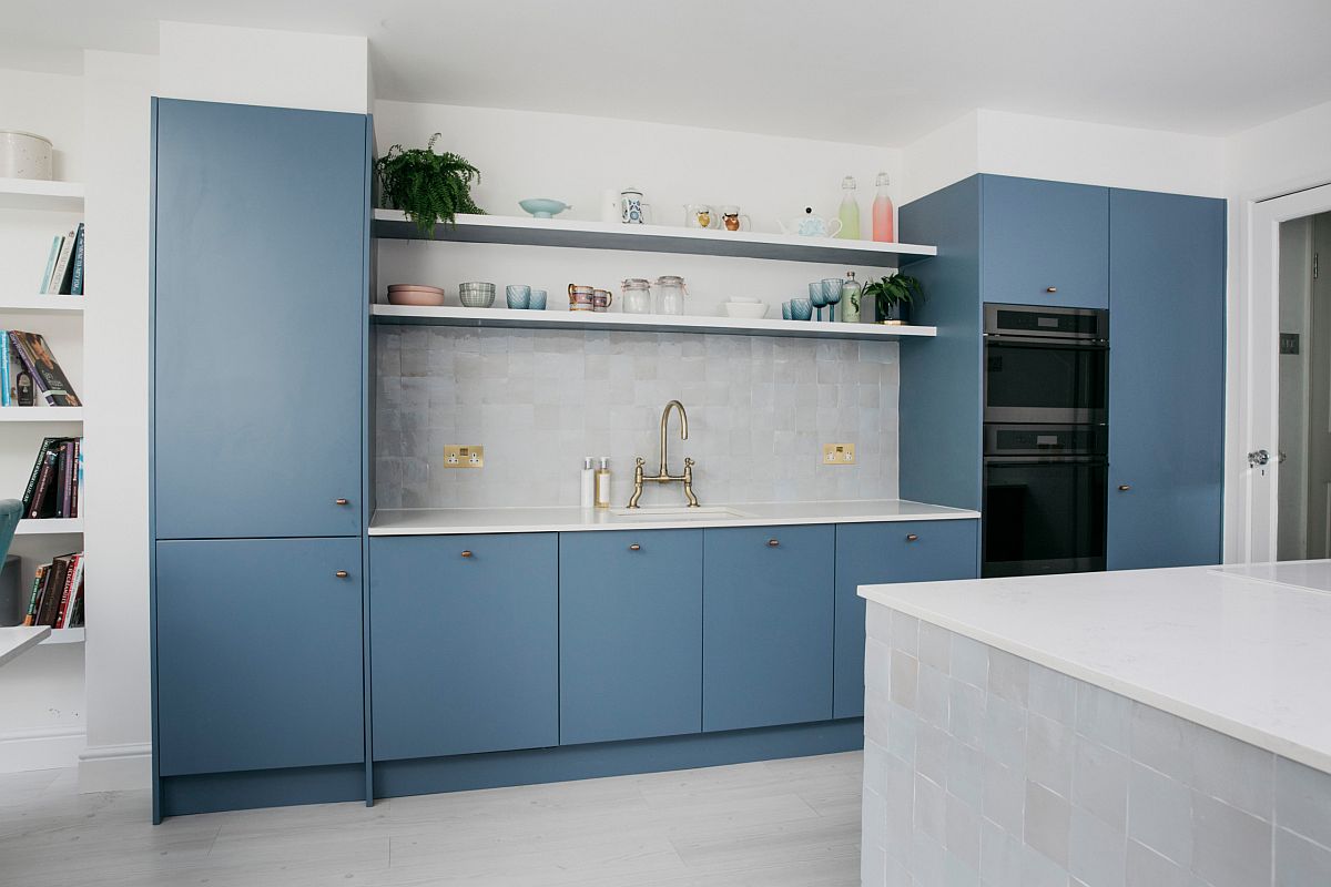 White combined with light blue in the kitchen with modern style and lovely lighting