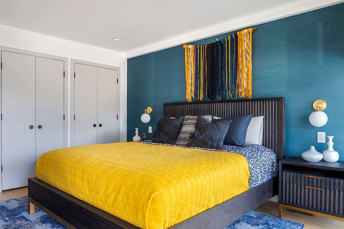 Beach style bedroom in blue and white with delightful yellow touches thrown into the mix