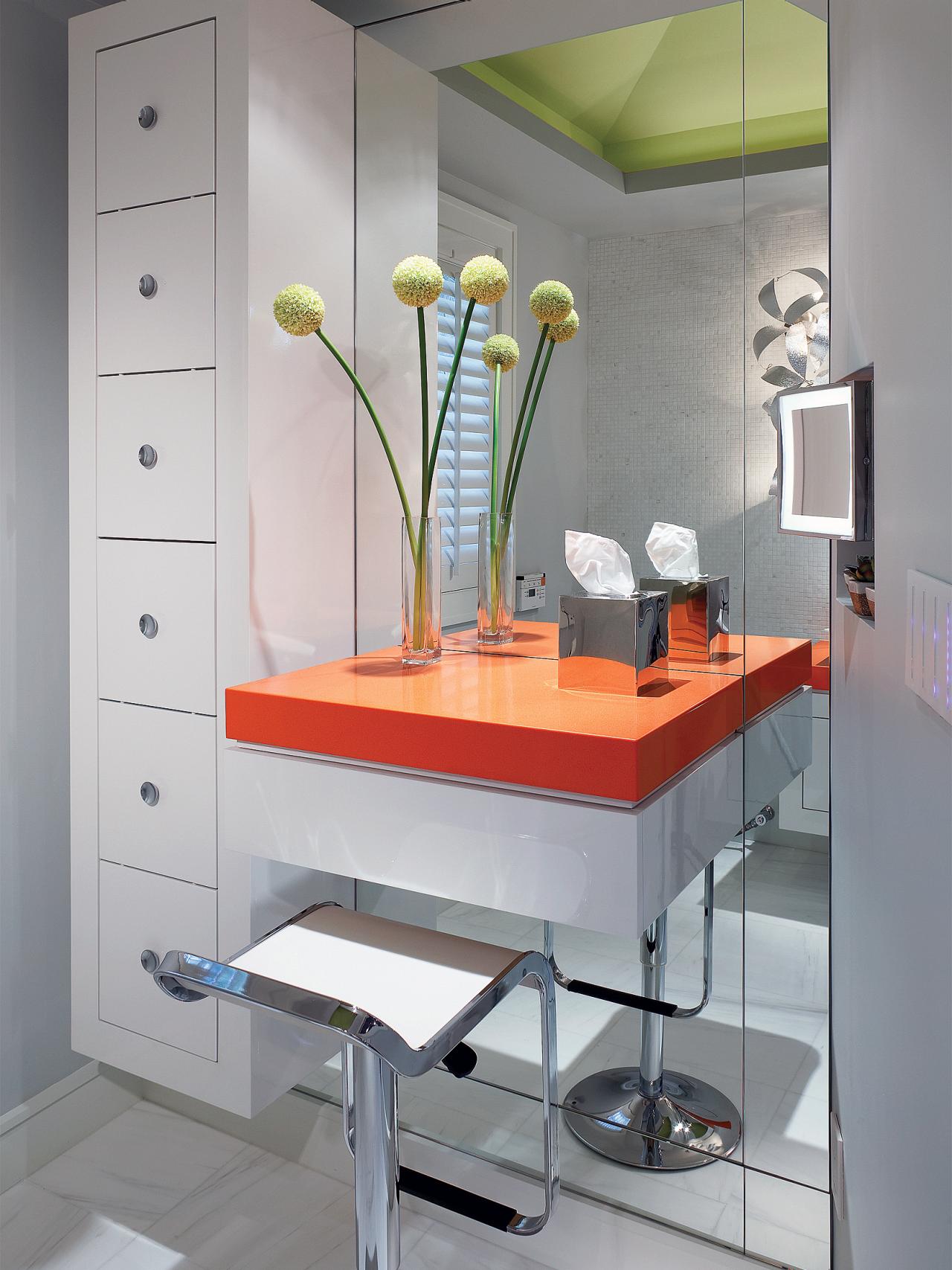 Floating makeup vanity with an orange top