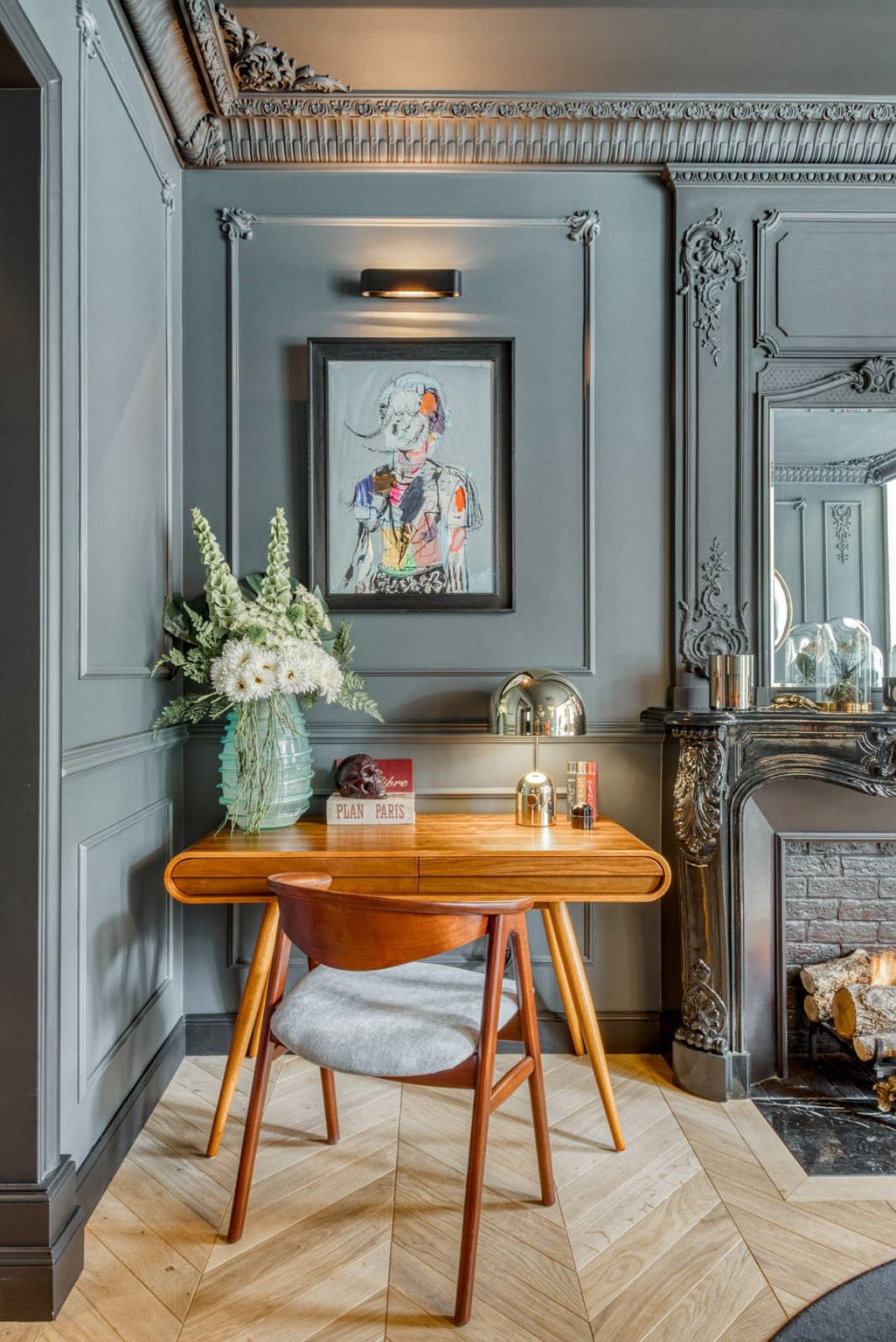 A French Connection Best Home Offices From Paris Inspire You To   Gorgeous And Space Savvy Home Office In Gray Where The Ornate Walls Make The Biggest Impact 43789 1025x1536 