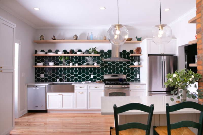 Green hexagonal kitchen backsplash