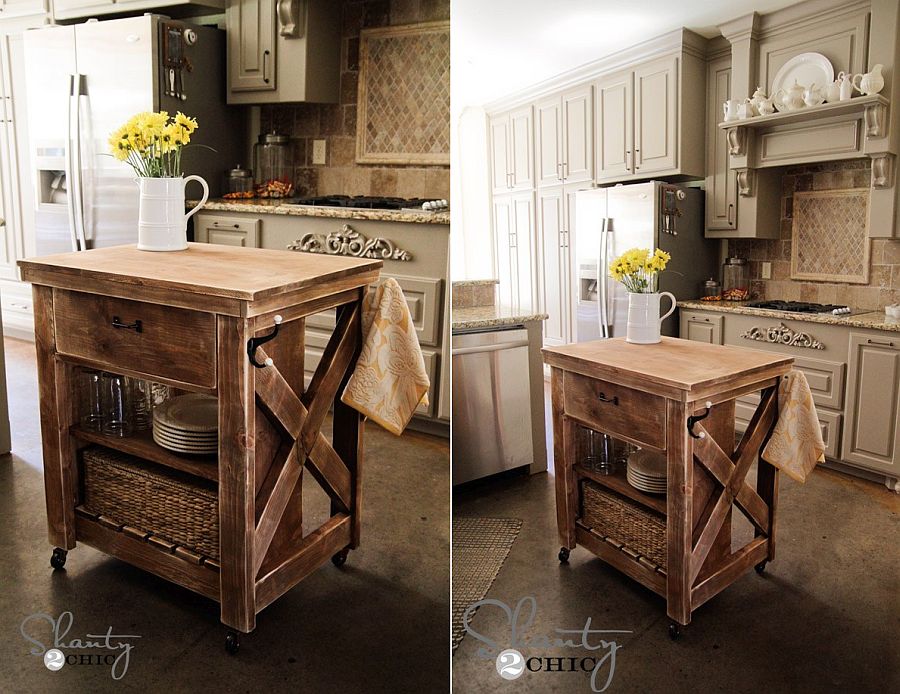 Kitchen island on wheels from Shanty 2 Chic is perfect for the industrial-farmhouse style kitchen