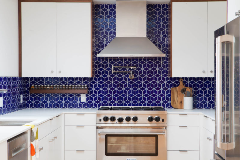 Midcentury modern royal blue tile backsplash