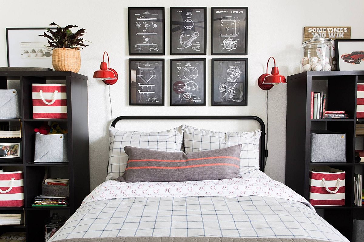 Modern industrial bedroom with the headboard wall being use to create the gallery wall in the room