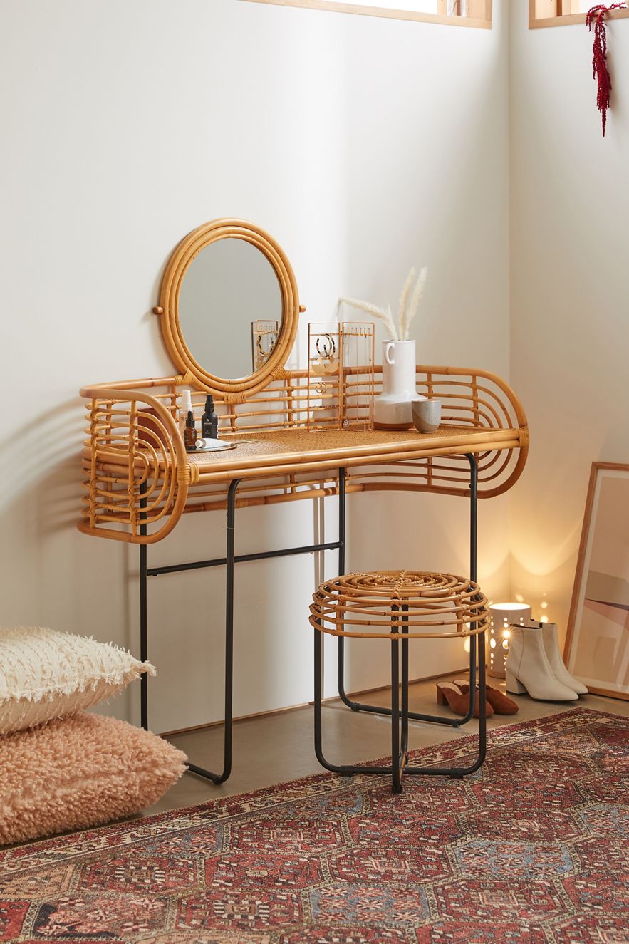 Rattan vanity table with a built-in mirror