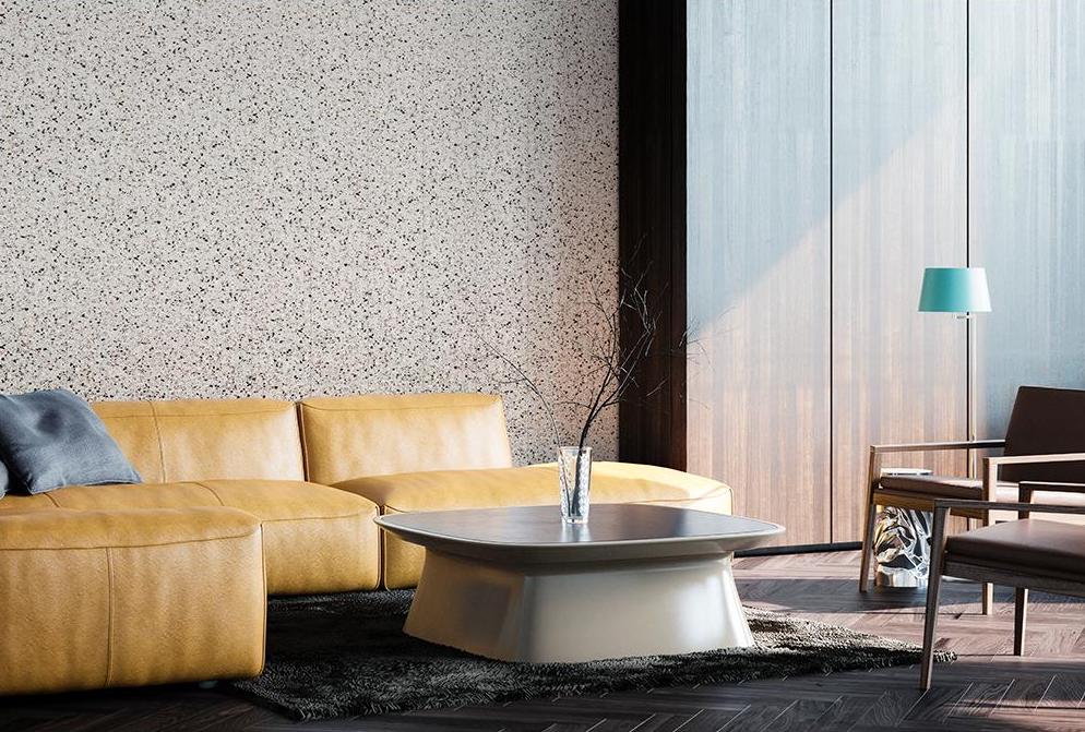 Terrazzo feature wall in a warm palette