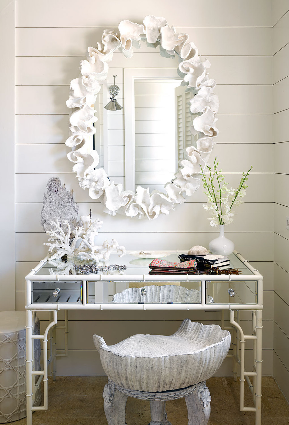 Vanity table area with a coral motif