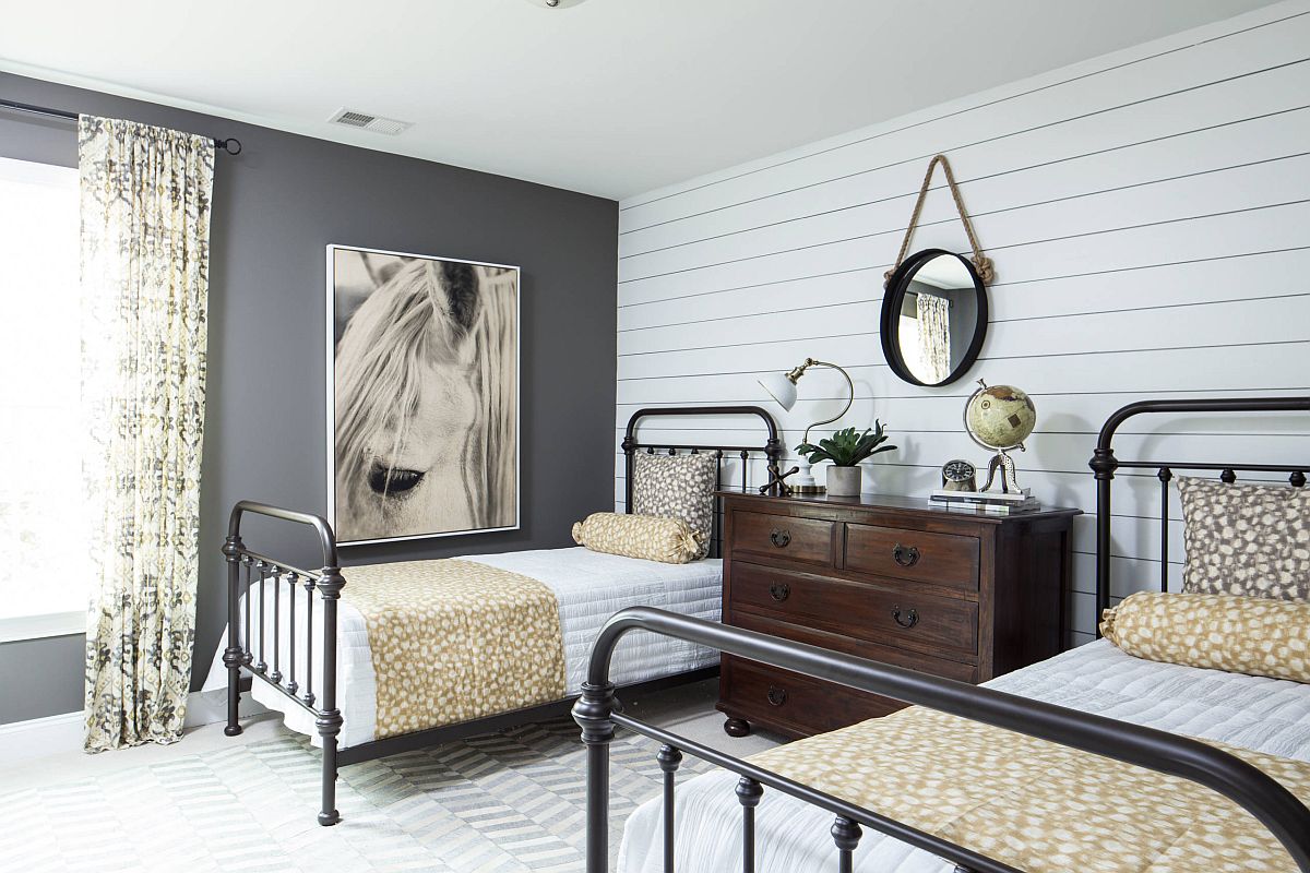 Beautiful and elegant dark gray accent wall for the modern farmhouse style bedroom