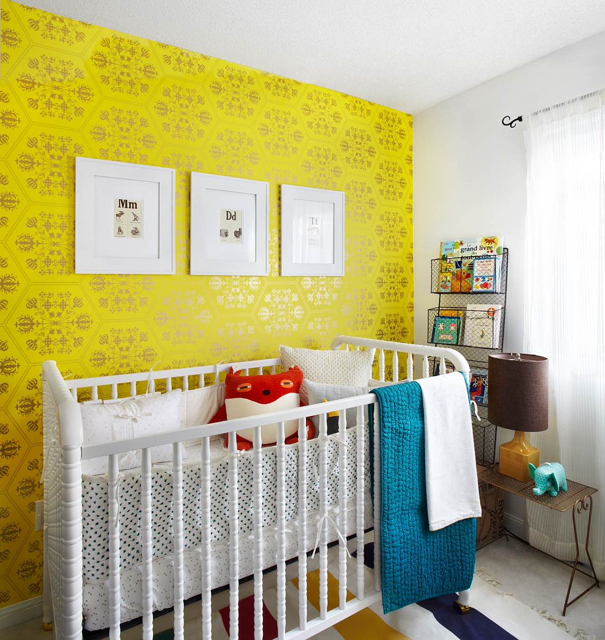 Beautiful yellow wallpaper with chic pattern for the stylish contemporary nursery in neutral hues