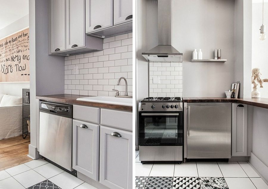 Black and white kitchen with floor tiles that add unique geometric pattern to it