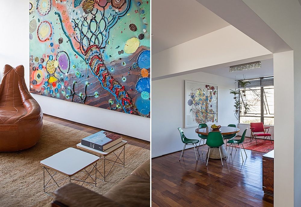 Both art work and furniture bring vivacious pops of color to the open living area