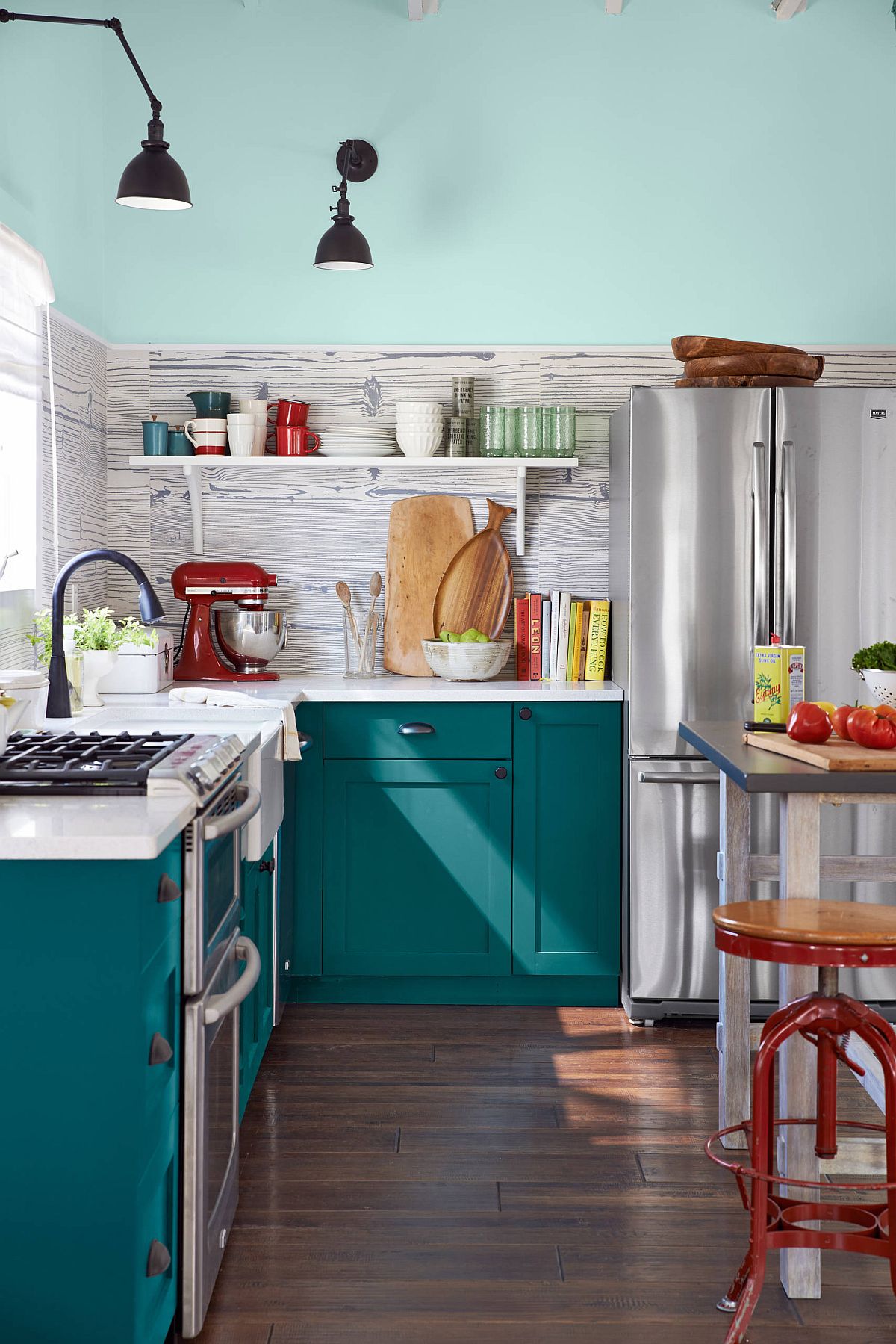 Brilliant Teal Cabinets Steal The Show In This Lovely New York Kitchen With Light Blue Walls And Sconce Lights 46638 