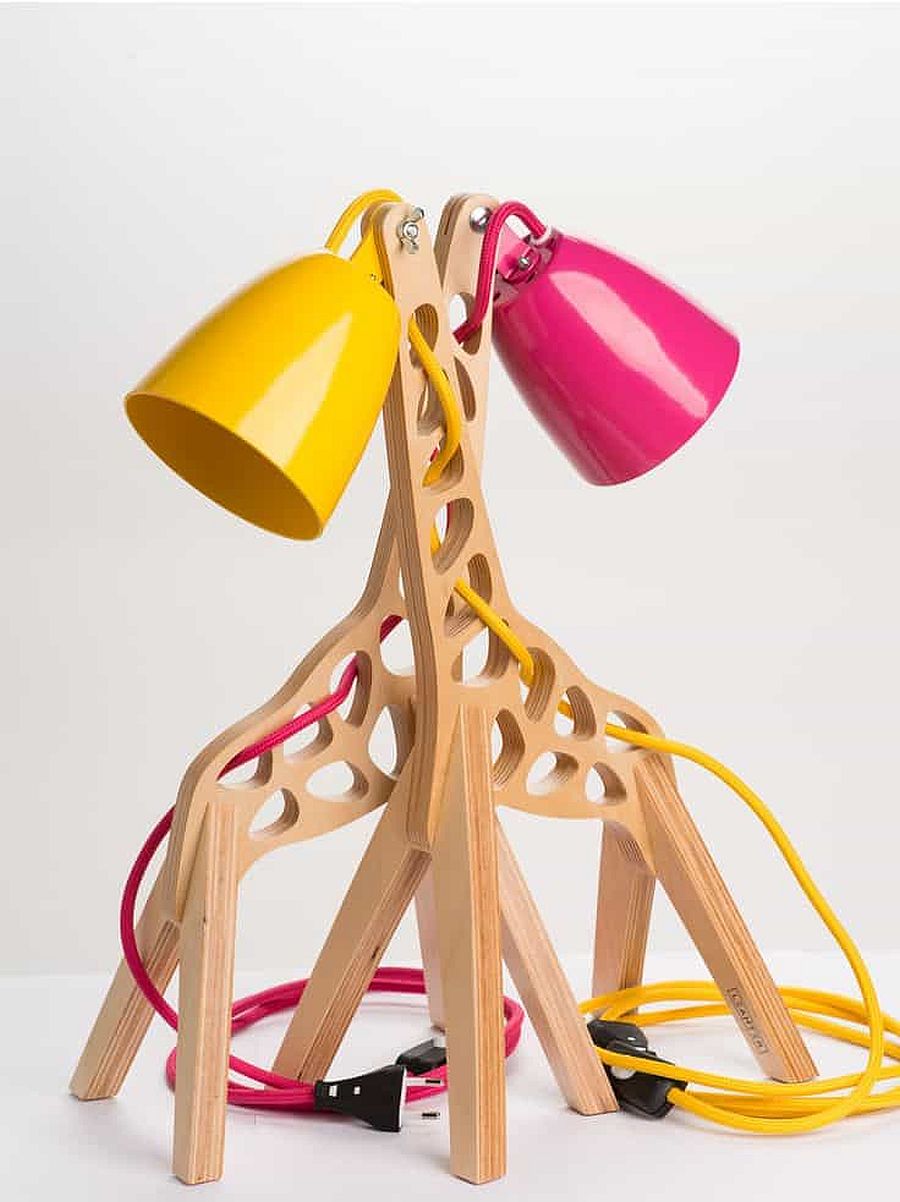 Colorful and whimsical table lamp shaped like a giraffe