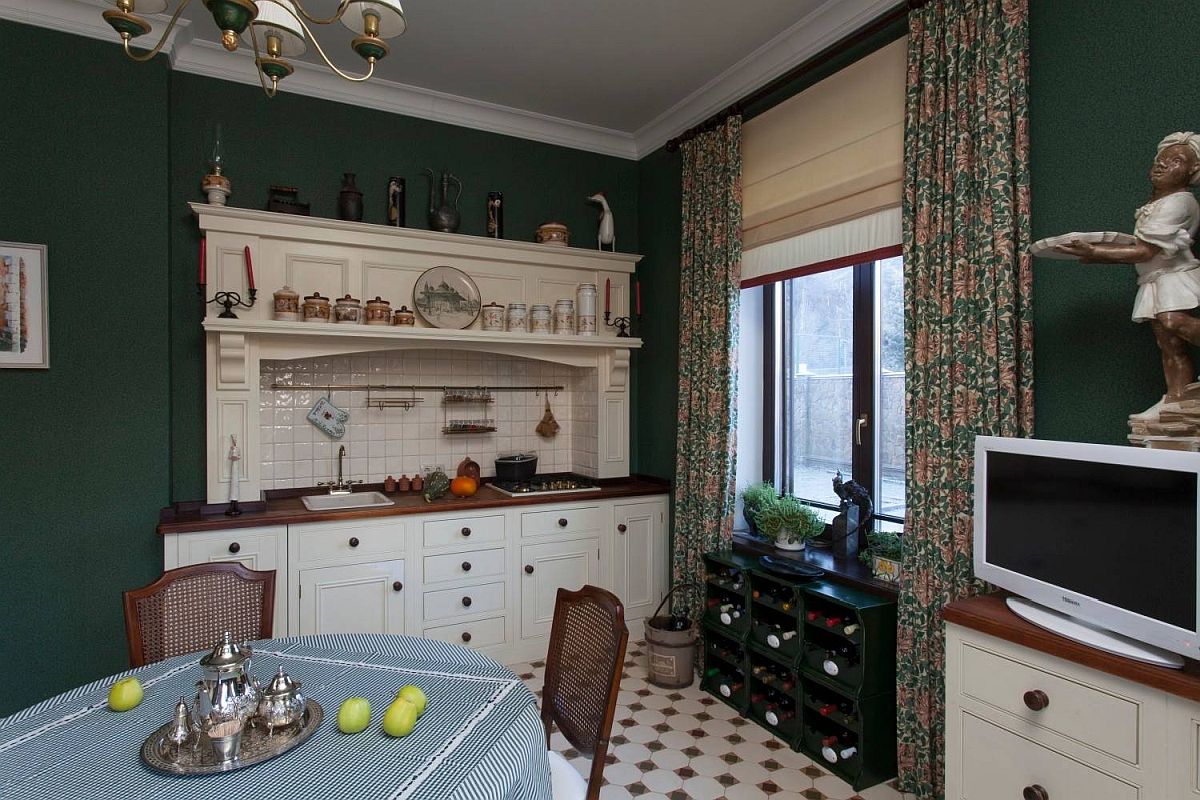 Dark green walls set a beautiful backdop for this unique Victorian kitchen